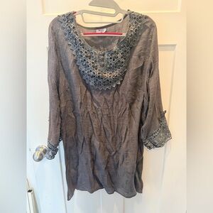 MAD Style Boho Tunic Dress XL Gray Crochet Lace Neck 3/4 Sleeve